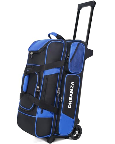 3 Ball Bowling Bags with Wheels & Shoe Pocket, Premium Bowling Ball Bag 3 Ball Roller, Effortless-Rolling 3 Ball Bowling Bag w/Multi-Storage Pockets & Telescopic Handle Extends to 40'' - color: Blue