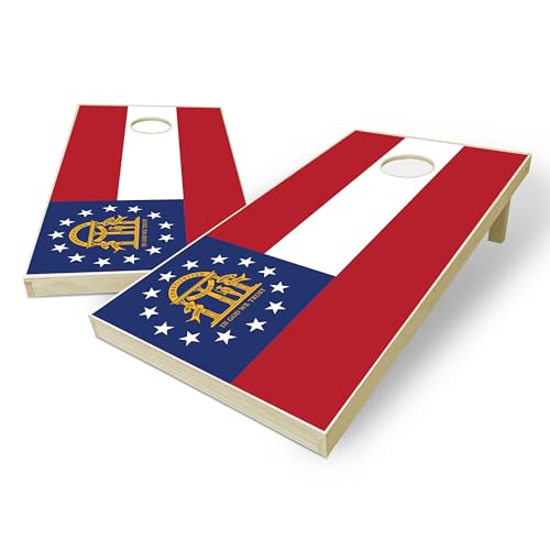 State Flag Solid Wood Regulation Cornhole Set 4 Feet x 2 Feet Includes Set of 8 Bags and Carrying Case with Optional LED Lights and Lamination - style: Georgia