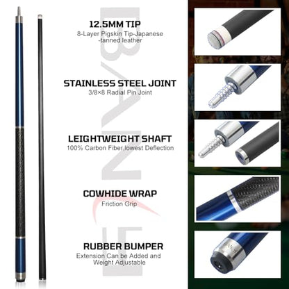 Banly Carbon Fiber Pool Cue Stick - Billiard Pool Stick for Adults, Low Deflection Pool Stick with Metal Ring Professional Cue Stick with Box Case - color: Blue