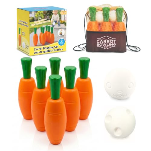 Carrot Bowling Set for Toddlers & Kids – 6 Pins, 2 Bunny Balls & Bag – Safe Indoor Active Play – Fun Summer Activity & Birthday Gift for Ages 3–6