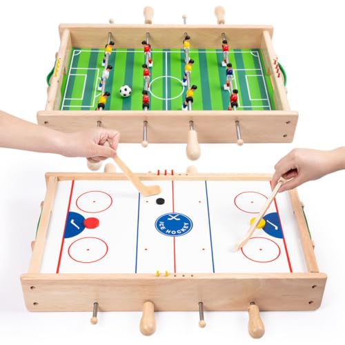 Wooden Tabletop Game Set, Mini Foosball & Ice Hockey Table Combo | 2 in 1 Tabletop Game, Desktop Ice Hockey Toy, Two Player Sports Game