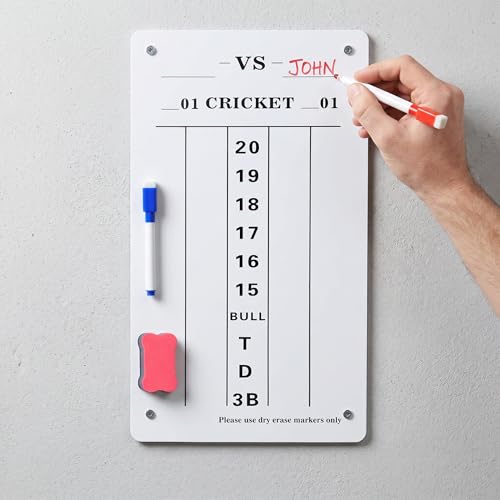 Hard Board Dry Erase Dart Scoreboard with Tempered Protective Film, 7.87x13.78 Inch Cricket & 01 Game Scoring Board with Markers & Eraser for Home, Game Room, Bar and Outdoor Use