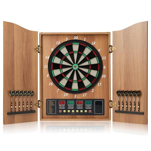 Electronic Dart Board Cabinet Set, 12 Soft Tip Darts, Electric Dart Boards for Adults, Digital Dart Board with Integrated Scoreboard for Family Game Rooms - color: WOOD