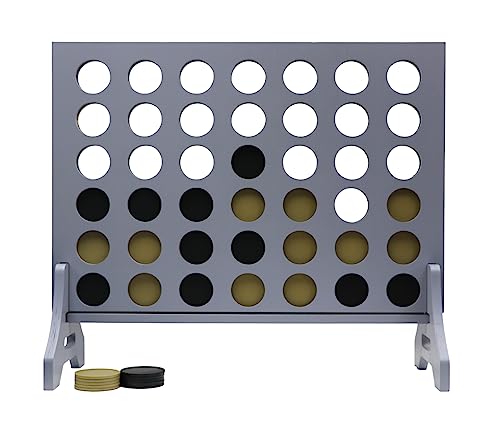 Giant 4 in a Row Game for Family & Adults – Tailgating Pros Jumbo Grey Wooden Four in a Row Indoor & Outdoor Yard Game for Family Party Fun, Portable Activities for Patio, Backyard, and Camping - color: Black / Gold