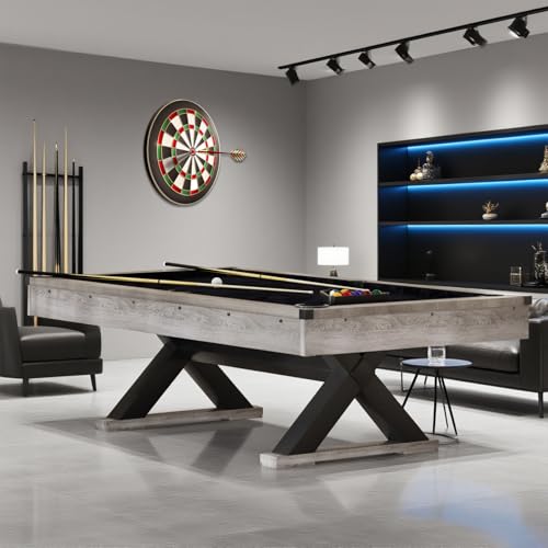 84" Rustic Grey Pool Table with X-Shaped Legs and Black Cloth – Includes Billiard Balls, Cues, and Accessories for Game Room & Home Entertainment (Grey Finish)