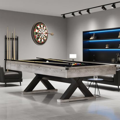 84" Rustic Grey Pool Table with X-Shaped Legs and Black Cloth – Includes Billiard Balls, Cues, and Accessories for Game Room & Home Entertainment (Grey Finish)