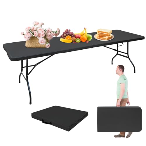 Portable 8Ft Folding Table, Heavy Duty Plastic Fold-in-Half Utility Foldable Dining Table, Multi-Purpose Plastic Folding Table with Carrying Handle for Camping and Party Indoor/Outdoor (Black) - color: Black, size: 8Ft