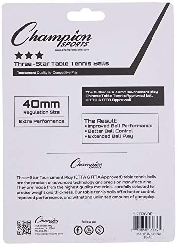 Champion Sports 3 Star Table Tennis Ball Pack – Tournament Size, 40mm Seamless, CTTA & ITTA Approved - style: Pack of 6 (Orange)