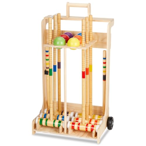 Hiboom 6 Player Croquet Set for Adults & Family with Rolling Wooden Stand, 28" Rubber Wood Mallets with Colorful Resin Balls, Vintage Outdoor Lawn Game Kit for Friends Backyard Park Party Supplies - size: 28 Inch