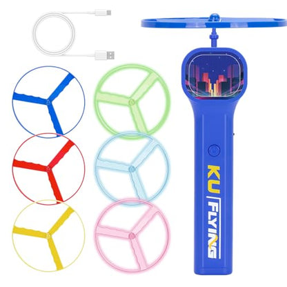 Rechargeable Disc Launcher with 6 Flying Spinners for Outdoor Activities Game White Elephant Gift Fidget Toys (Blue) - color: Blue