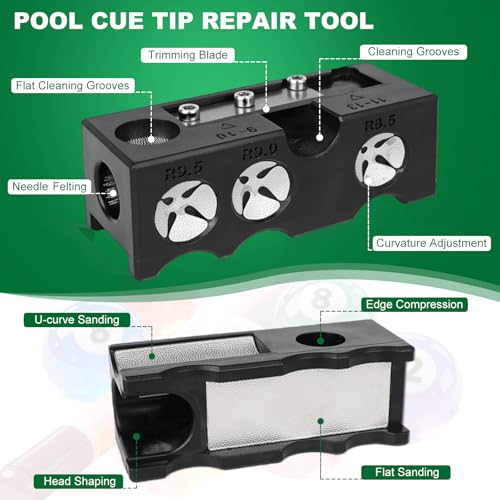 Pool Cue Tip Replacement Kit, 11-in-1 Pool Cue Tip Repair and Shaping Kit, Pool Cue Tip Repair Tool Include 10 Cue Tips, 4 Ferrules, 4 Chalks, Portable Pool Stick Tip Repair Kit