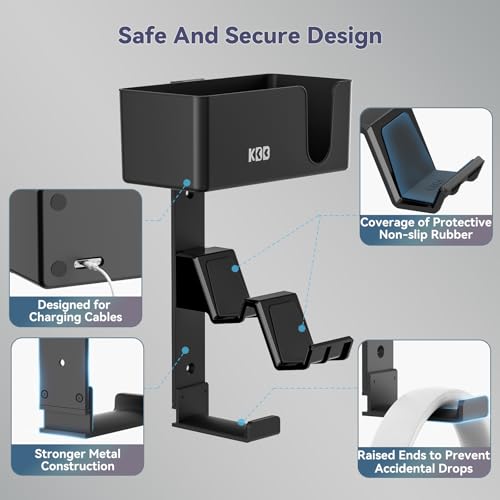 KDD 4-in-1 Wall Mount Controller Holder - Dual Game Controller and Headphone Hanger with Anti-Slip Pads for Xbox ONE/X Series/PS5/PS4 - Detachable Desk Storage for Media Remote, Phone and Speaker