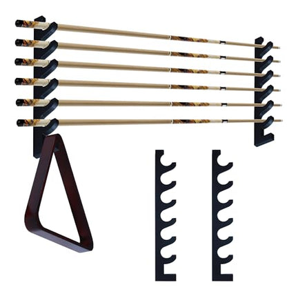 Black Wall-Mounted Pool Cue Holder, Wooden Billiards Pool Stick Rack, Holds 6 Cues and 2 Pool Ball Racks, Pool Table Accessories Organizer for Billiard Rooms or Clubs