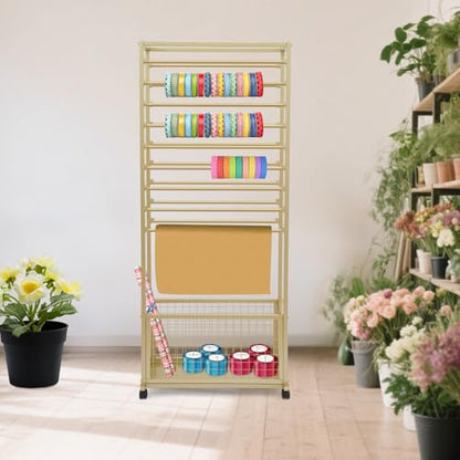 JenyunTech 20 Tier Ribbon Organizer, Double-Sided Flower Cart Display Stand, Multifunctional Display Shelf with Wheels and Storage Basket for Wrapping Paper, Scarves, Shawls - color: 20-Tier, 26in, Gold