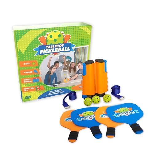 Buffalo Games Tabletop Pickleball Set - 4 Paddles & 3 Balls - Pickleball Set with Net Fits Tables up to 6 ft - Indoor Tabletop Game for Family & Friends - Kids Kit with Kitchen Zone