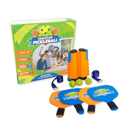 Buffalo Games Tabletop Pickleball Set - 4 Paddles & 3 Balls - Pickleball Set with Net Fits Tables up to 6 ft - Indoor Tabletop Game for Family & Friends - Kids Kit with Kitchen Zone