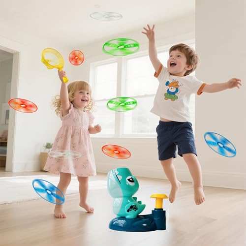Dinosaur Flying Disc Launcher Toy – Kids Outdoor Toys for Boys & Girls Ages 3-8, Fun Press & Launch Game with 8 Discs & Catch Net, Active Yard Toys & Outside Play Toys