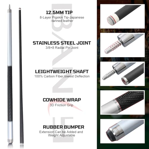 Banly Carbon Fiber Pool Cue Stick - Billiard Pool Stick for Adults, Low Deflection Pool Stick with Metal Ring Professional Cue Stick with Box Case - color: Silver