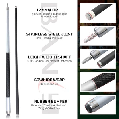 Banly Carbon Fiber Pool Cue Stick - Billiard Pool Stick for Adults, Low Deflection Pool Stick with Metal Ring Professional Cue Stick with Box Case - color: Silver