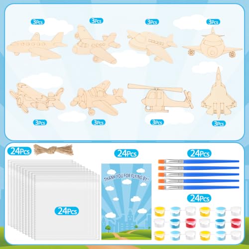 Saypacck 24 Pcs Airplane Party Favors Wooden Painting Craft Kits Birthday Party Supplies with Organza Bag for Goodie Bags Fillers Adult Thank You Gifts - style: Airplane
