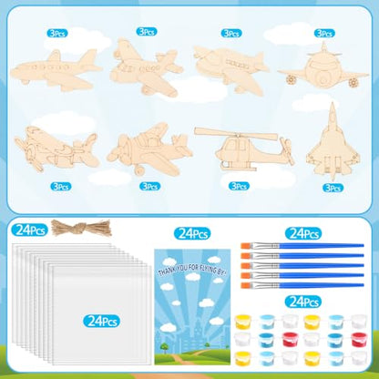 Saypacck 24 Pcs Airplane Party Favors Wooden Painting Craft Kits Birthday Party Supplies with Organza Bag for Goodie Bags Fillers Adult Thank You Gifts - style: Airplane