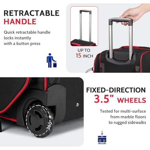 4 Ball Bowling Bag with Wheels, 3 Ball Bowling Bags Roller with 1 Ball Add On Bag, Multi-Pockets & Shoe Compartment (Fits Up to Size 16) - color: Red