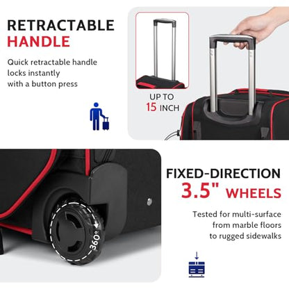 4 Ball Bowling Bag with Wheels, 3 Ball Bowling Bags Roller with 1 Ball Add On Bag, Multi-Pockets & Shoe Compartment (Fits Up to Size 16) - color: Red