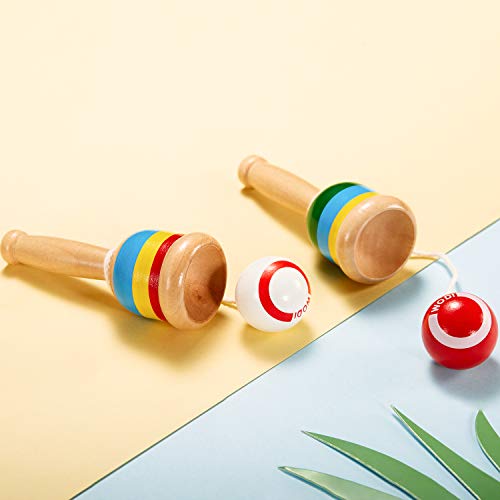 TOODOO 2-piece Wooden Catch Ball, Jacks Game with Paddle, String, Cup and Ball - Mini Wood Catch Balls for Hand-Eye Coordination