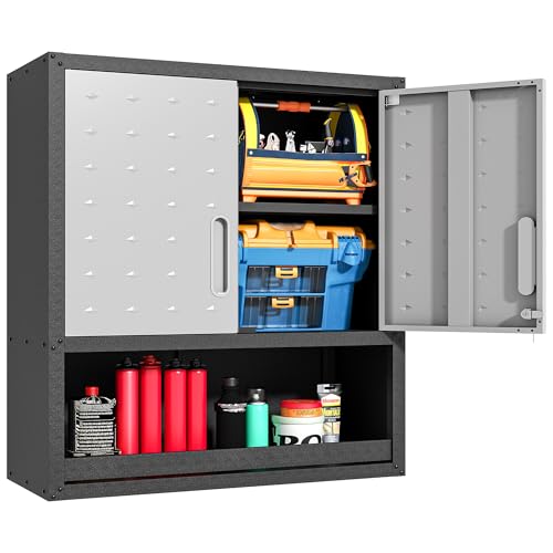 Metal Wall Cabinets with Doors and Shelves Black and Gray Garage Cabinets Wall Mounted Adjustable Storage Shelving Floating Garage Tool Cabinet,Wall Cabinet for Warehouse/Basement/Kitchen - color: Black & Grey, style: 2 Door & Open Storage - Floating