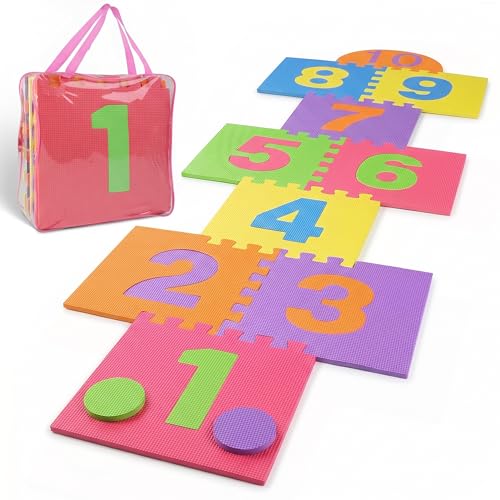 Hopscotch Playmat Foam Interlocking Puzzle Floor Mat - 10 Large Number Tiles (12" by 12" Square Blocks)