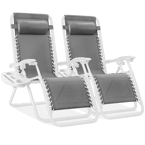 Best Choice Products Set of 2 Adjustable Steel Mesh Zero Gravity Lounge Chair Recliners w/Pillows and Cup Holder Trays - Ice Gray/White - color: Ice Gray/White, size: Standard