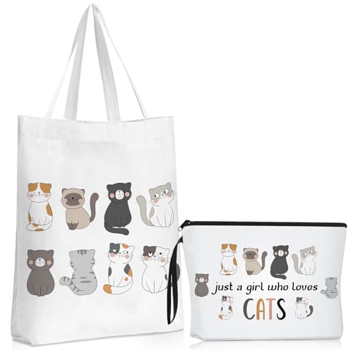 Sieral 2 Pcs Animal Lover Bag Gift for Women Travel Canvas Tote Portable Zipper Pouch Canvas Reusable Grocery Tote - style: Cat