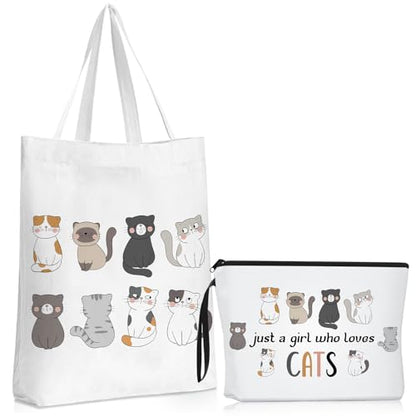 Sieral 2 Pcs Animal Lover Bag Gift for Women Travel Canvas Tote Portable Zipper Pouch Canvas Reusable Grocery Tote - style: Cat