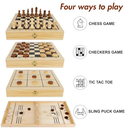 Juegoal 4-in-1 Wooden Fast Sling Puck Set for Kids and Adults, Chess, Checkers, Tic Tac Toe Games, Travel Portable Folding Tabletop Chess Board Game Sets, Interactive Families Toys