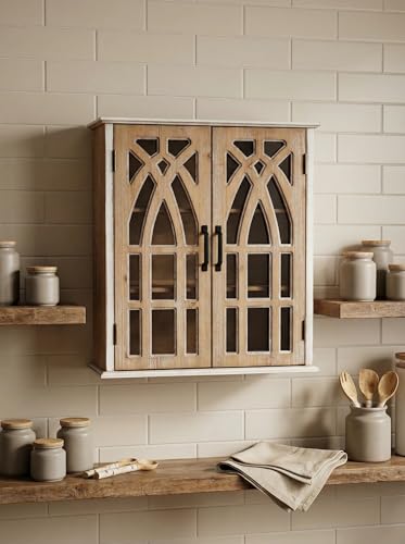 LKTART Solid Wood Wall Mounted Cabinet,Hanging Kitchen Storage Cabinet | Farmhouse Wall Mounted Wood Storage Cabinet; Solid Wood Construction;Glass Door;Adjustable Shelves;Kitchen;Bathroom;Dining - color: Natural+ Antique White