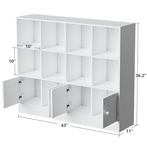 Cozy Castle White Wood Bookcase, 12 Cube Display Shelf with 4 Doors, 3 Tier Open Bookshelf with Adjustable Shelves for Living Room, Home Office, Entryway - color: White