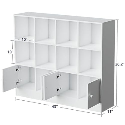 Cozy Castle White Wood Bookcase, 12 Cube Display Shelf with 4 Doors, 3 Tier Open Bookshelf with Adjustable Shelves for Living Room, Home Office, Entryway - color: White