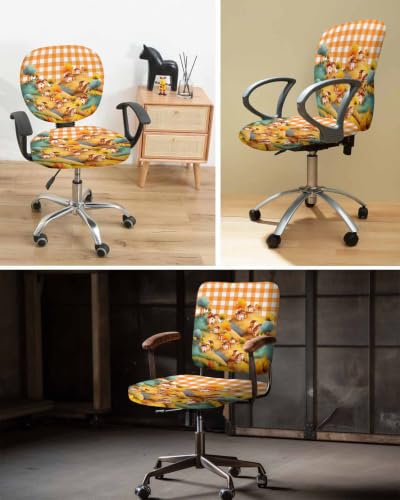 Savannan Office Chair Cover, Watercolor Autumn Farm House Protective Stretch Elastic Universal Cover for Desk Task Chair,Computer Rotating Chair 1 Pcs Thanksgiving Orange Plaid