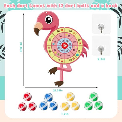 29" Large Flamingo Dart Board,Hawaii Dart Board Set Hello Summer Dart Shooting Fun Party Play Game Toys Tropical Party Supplies with 12 Stick Balls, Hook