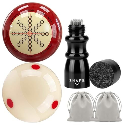 Billiard Training Cue Balls & 3-in-1 Cue Tip Tool Combo, 2-1/4" Regulation Red Dot & Dual-Sided Pool Balls, Billiard Accessories Kit for 8-Ball Game