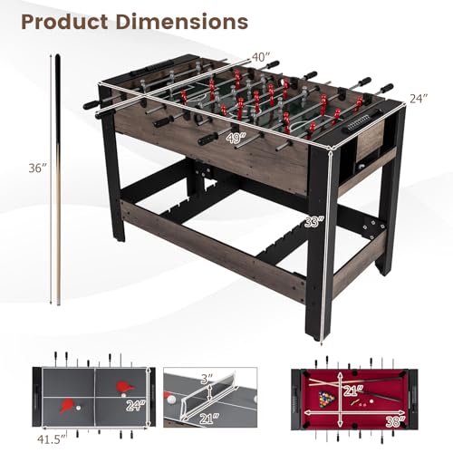 Goplus 3-in-1 Swivel Game Table, 49'' Combo Game Table with Foosball, Pool Billiards & Table Tennis for Adults, Indoor Arcade Table with Legs for Family Game Room Party
