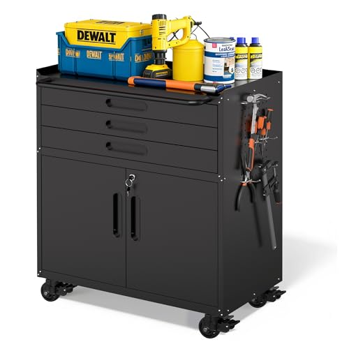 Metal Garage Storage Cabinet with Wheels, Rolling Tool Cabinet with 3 Drawers and 2 Doors, Heavy Duty Tool Cabinet with Workbench, Assembly Required, Black - color: Black, style: 3 Drawers & 2 Doors