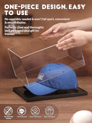 JupDec Hat Display Case, Clear Acrylic Baseball Cap Display Box Stand, UV Protection Signed Hat Transparent Showcase with Solid Wood Base Risers & Hat Shaper, Ideal Gift for Caps Collector, Black