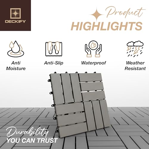 9Pcs Premium Acacia Wood Interlocking Patio Deck Tiles, 12 x 12 x 0.9 Inch Outdoor Flooring, Waterproof for All-Weather Use – Crossed, Gray