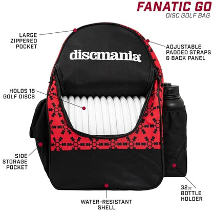 Discmania Fanatic Go Disc Golf Backpack | 18 Capacity + Top Pocket for 2 Putters | Lightweight, Durable Disc Golf Bag | Tall Side Pocket, Bottle Holder | Padded Straps & Water-Resistant Shell - color: Red