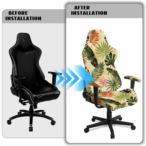 Tropical Leaf Print Gaming Chair Cover Set of 4 Dust-Proof Stretchy Computer Office Chair Cover with Armrest Covers Home Decorations - color: Green - Tropical Leaf