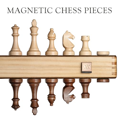A&A 15" Magnetic Wooden Chess Set/Folding Board / 3" King Height German Knight Staunton Chess Pieces/Mahogany & Maple Inlaid /2 Extra Queen