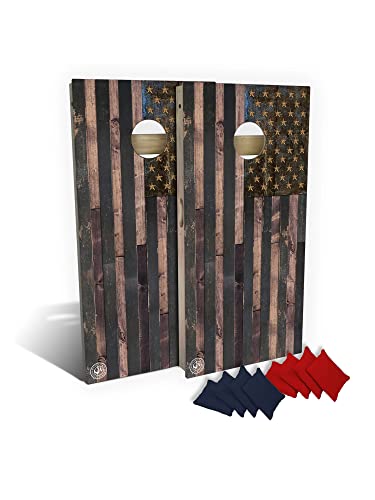 Slick Woody's Professional-Grade Cornhole Boards - 4'x2' Solid Wood Regulation Woodgrain Flag Bean Bag Toss Game with 8 Resin Filled Bags - color: B&W American Flag