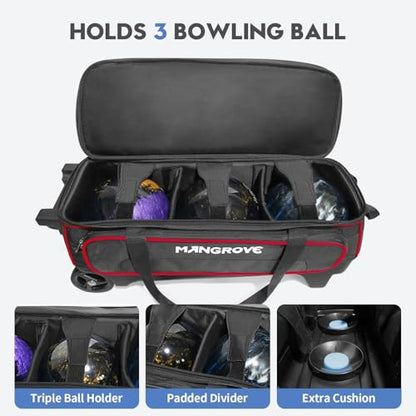 Mangrove 3 Ball Bowling Bag with Wheels & Shoe Compartment, Deluxe Bowling Ball Bag 3 Ball Roller, Rolling Triple-Ball Bag w/Accessory Pocket & Retractable Handle Extends to 40'' - color: Red