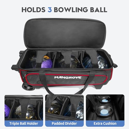 Mangrove 3 Ball Bowling Bag with Wheels & Shoe Compartment, Deluxe Bowling Ball Bag 3 Ball Roller, Rolling Triple-Ball Bag w/Accessory Pocket & Retractable Handle Extends to 40'' - color: Red
